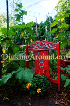 This one was taken July 23. Decorative Plant Support. Look at the flowering on the cukes... Better get hungry! More info on this and MUCH MORE Click Here